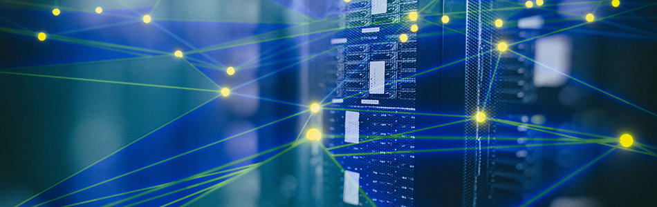 data center abstract with network overlay