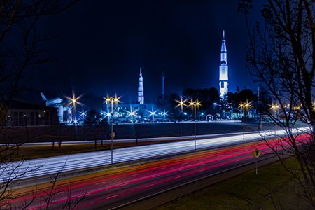U.S. Space and Rocket Center in Huntsville, AL with highway traffic.